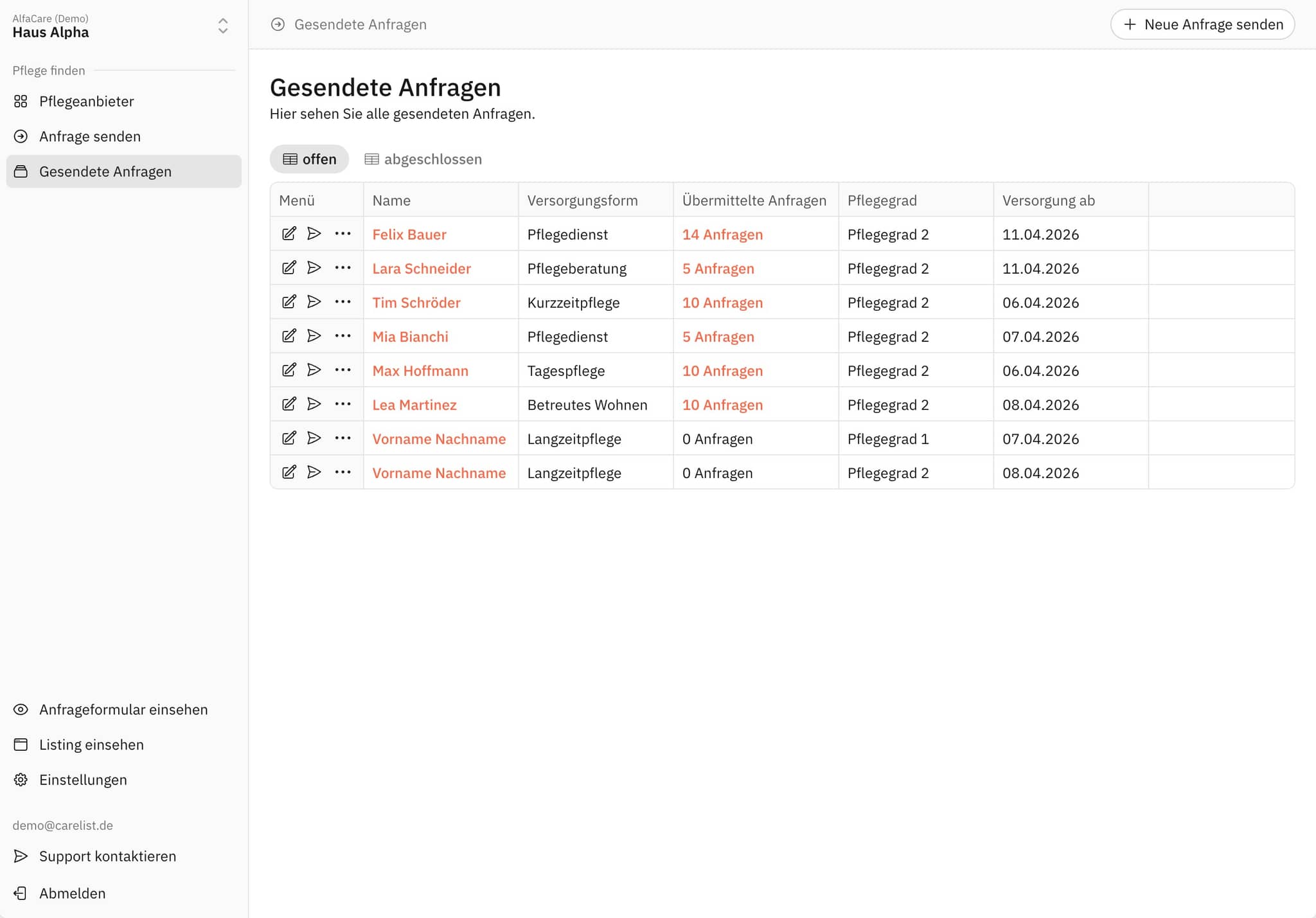 carelist für Kliniken - Entlassmanagement - Überleitung erstellen - Recare Alternative